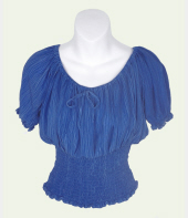 Blue Short Sleeve Crinkle Peasant Blouse