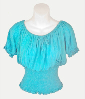 Turquoise Short Sleeve Crinkle Peasant Blouse