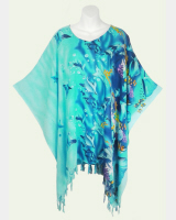 Aquarium Print Poncho Top with Fringe - Turquoise