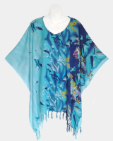 Aquarium Print Poncho Top with Fringe - Blue