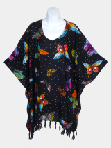 Butterflies with Polka Dots on Black Print Poncho Top with Fringe - Black
