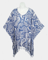 Paisley Print Poncho Top with Fringe - Medium Blue