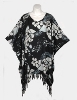 Hawaii Print Poncho Top with Fringe - Black