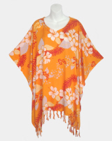 Hawaii Print Poncho Top with Fringe - Orange