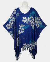 Hawaii Print Poncho Top with Fringe - Royal Blue