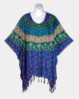 Circle Mandala Print Poncho Top with Fringe - Turquoise-Purple-Gold