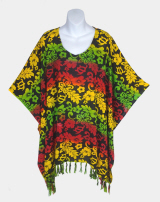 Rasta Print Poncho Top with Fringe - Flowers and Turtles