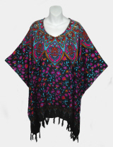 Star Mandala Print Poncho Top with Fringe - Pink & Turquoise on Black