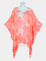 Big Starfish Print Poncho Top with Fringe - Coral