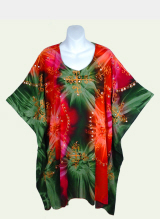 Embroidered Tie-Dye Poncho Top with Sequins - Red-Green