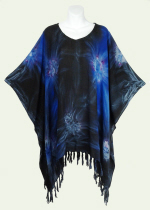 Starburst Tie-Dye Poncho Top with Fringe - Black-Blue