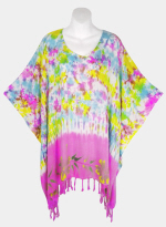Painted Flowers Tie-Dye Poncho Top with Fringe - Lavender/Aqua/Yellow