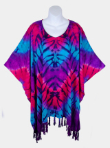 Radial Tie-Dye Poncho Top with Fringe - Fuchsia-Turquoise-Purple