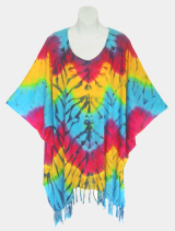 Radial Tie-Dye Poncho Top with Fringe - Fuchsia-Turquoise-Yellow