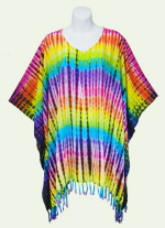 Stripes Tie-Dye Poncho Top with Fringe - Bright Rainbow with Black Edges