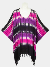 Stripes Tie-Dye Poncho Top with Fringe - Purple-Pink-Black