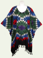 Plaid Tie-Dye Poncho Top with Fringe - Forest-Blue-Red