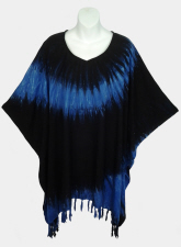 Big Spiral Tie-Dye Poncho Top with Fringe - Black-Blue