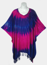 Big Spiral Tie-Dye Poncho Top with Fringe - Fuchsia-Blue