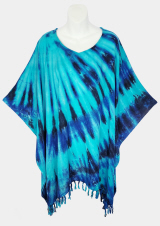Big Spiral Tie-Dye Poncho Top with Fringe - Blue-Turquoise-Black