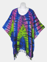 Karma Tie-Dye Poncho Top with Fringe - Blue-Purple-Lime