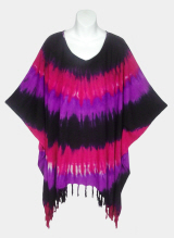 Concentric Circles Tie-Dye Poncho Top with Fringe - Black-Purple-Fuchsia