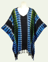 Mantra Tie-Dye Poncho Top with Fringe - Black-Blue-Forest Green