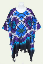 Plaid Tie-Dye Poncho Top with Fringe - Blue-Purple-Turquoise