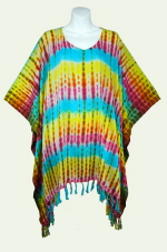 Stripes Tie-Dye Poncho Top with Fringe - Aqua-Yellow-Pink