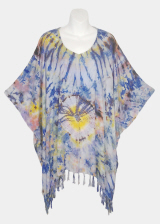 Funky Tie-Dye Poncho Top with Fringe - Denim Blue